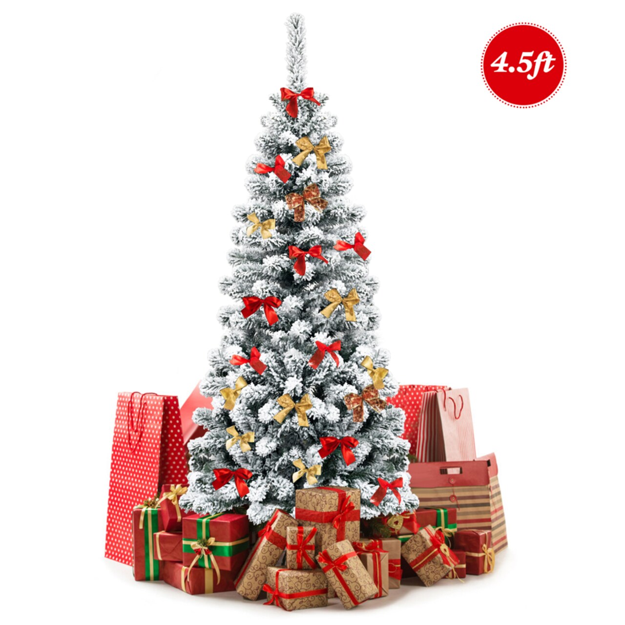 4.5Ft Snow Flocked Pencil Christmas Tree Artificial Pine Tree W/ Metal Stand